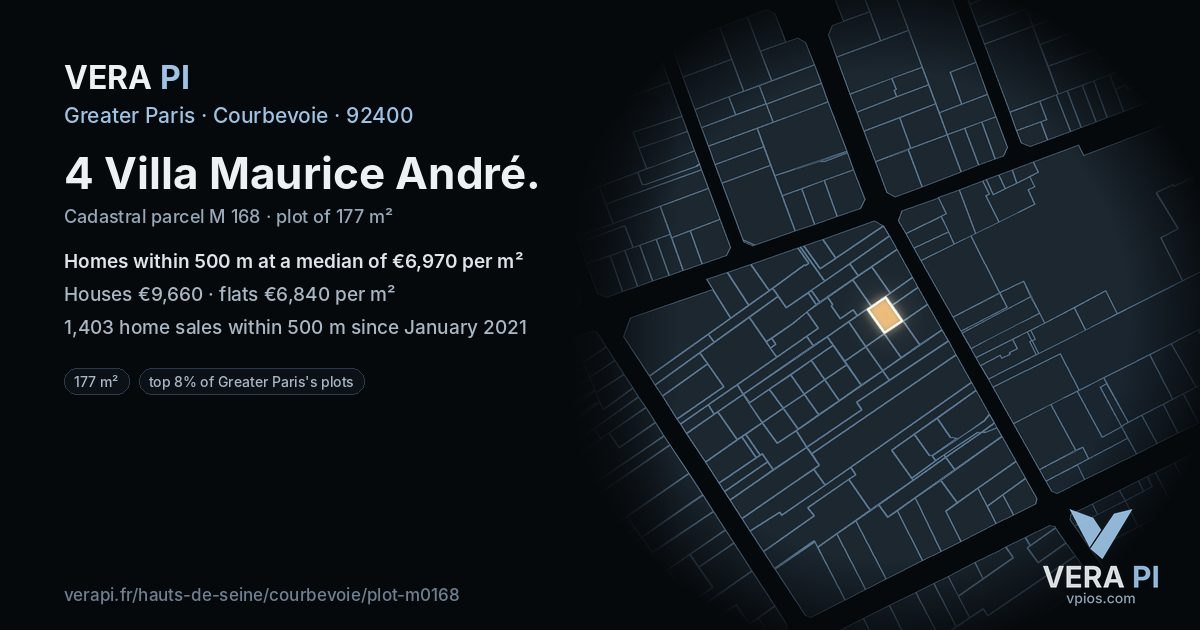 4 Villa Maurice André, Courbevoie at night – the plot lit, the parcels around coloured by the prices near them
