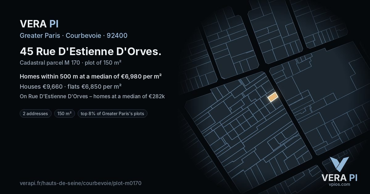 45 Rue D'Estienne D'Orves, Courbevoie at night – the plot lit, the parcels around coloured by the prices near them