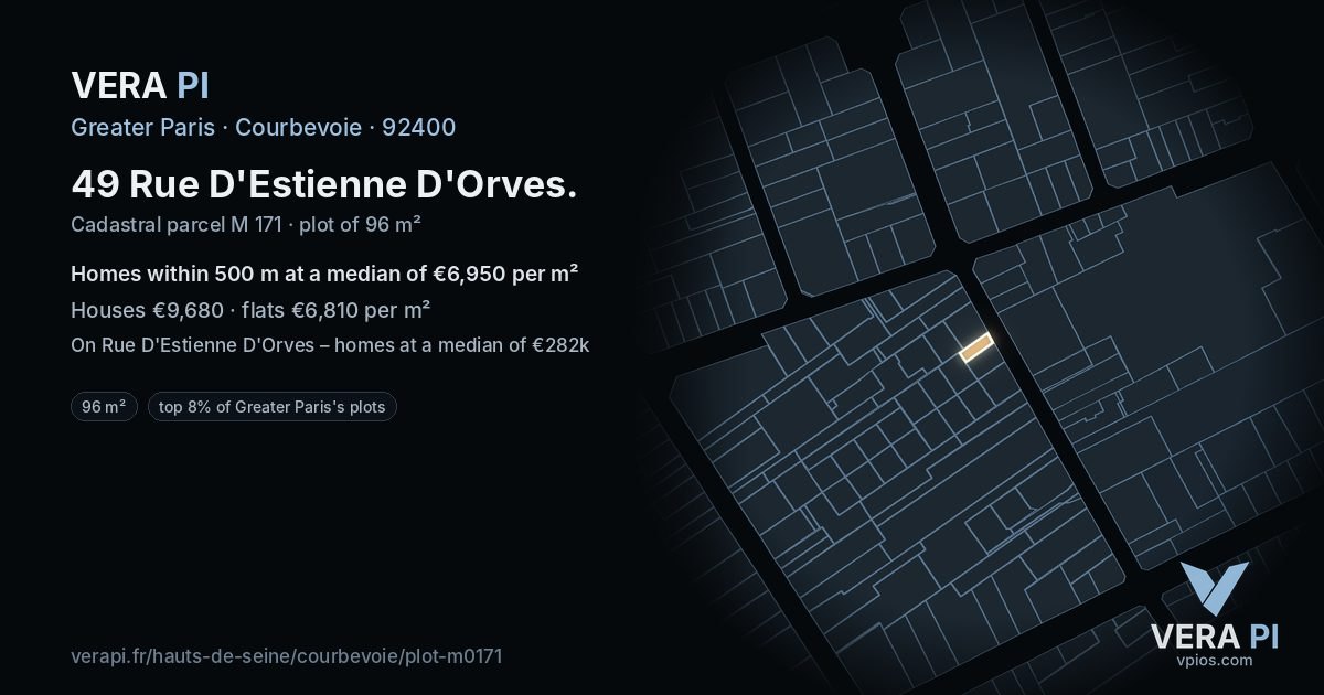 49 Rue D'Estienne D'Orves, Courbevoie at night – the plot lit, the parcels around coloured by the prices near them
