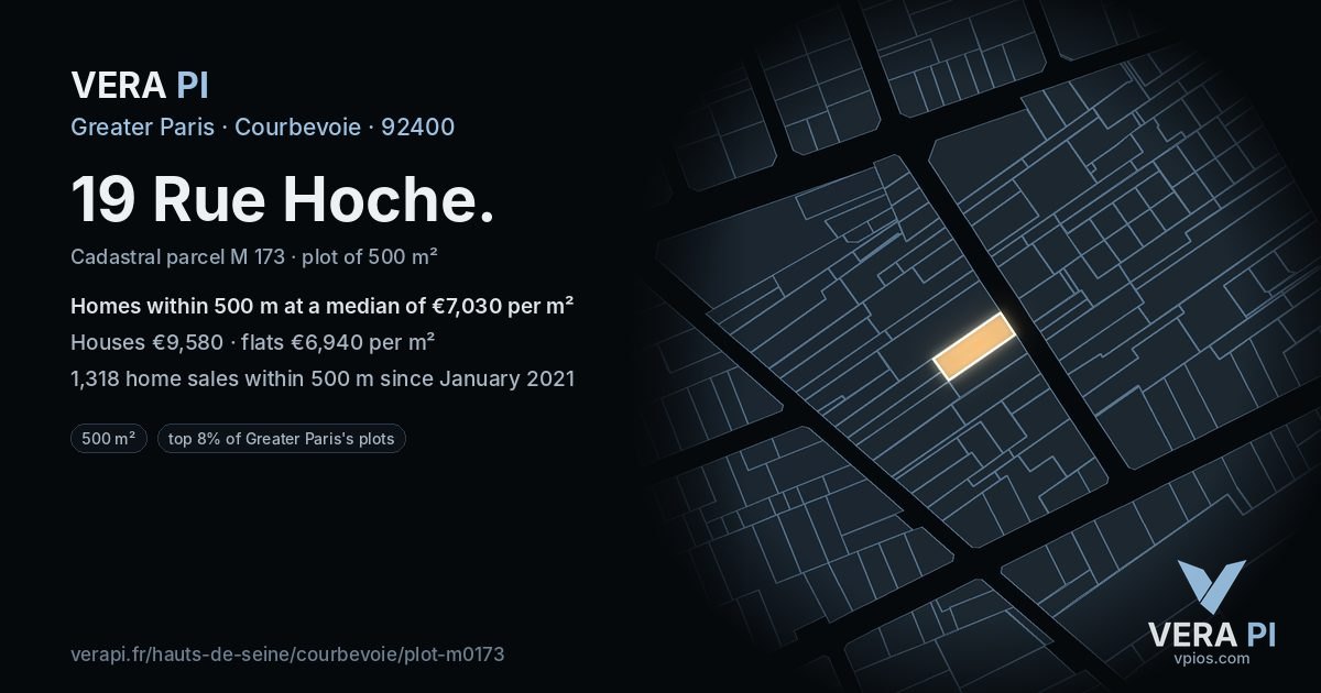 19 Rue Hoche, Courbevoie at night – the plot lit, the parcels around coloured by the prices near them