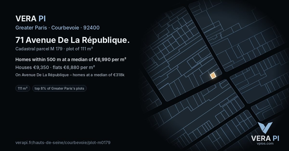 71 Avenue De La République, Courbevoie at night – the plot lit, the parcels around coloured by the prices near them