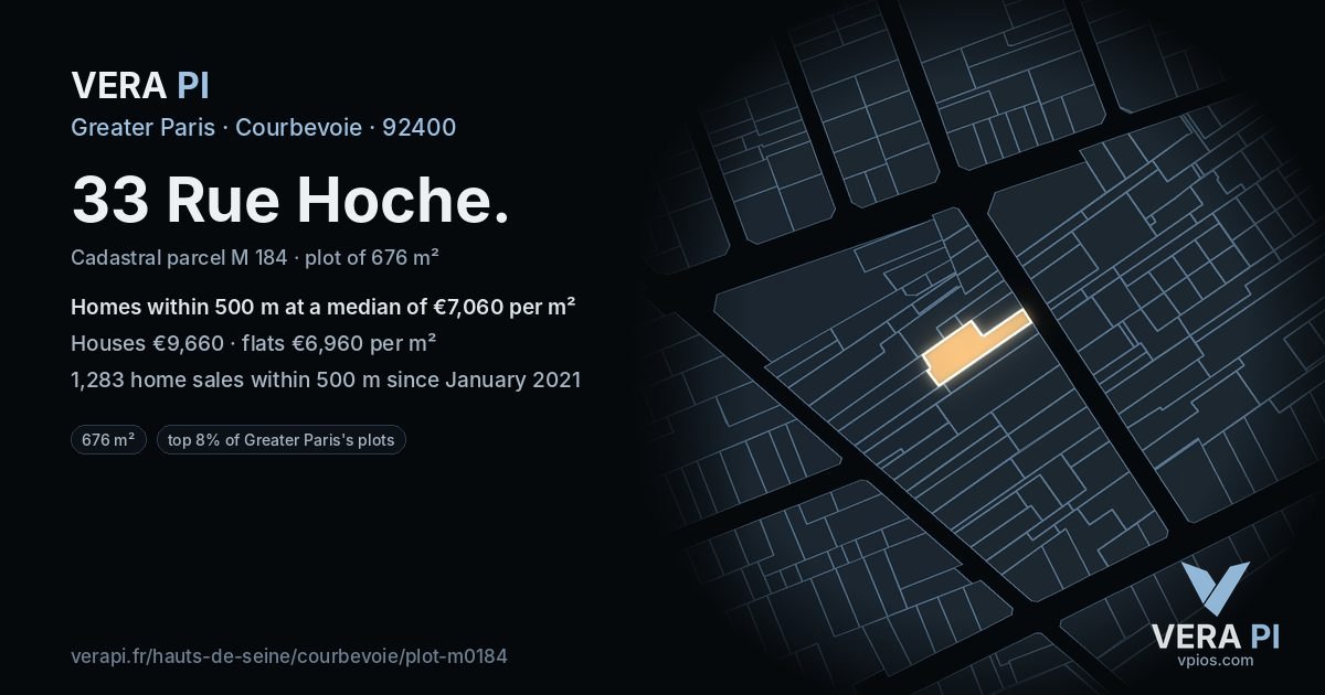 33 Rue Hoche, Courbevoie at night – the plot lit, the parcels around coloured by the prices near them