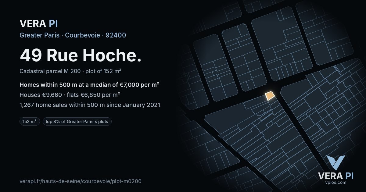 49 Rue Hoche, Courbevoie at night – the plot lit, the parcels around coloured by the prices near them