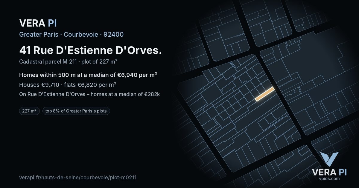 41 Rue D'Estienne D'Orves, Courbevoie at night – the plot lit, the parcels around coloured by the prices near them
