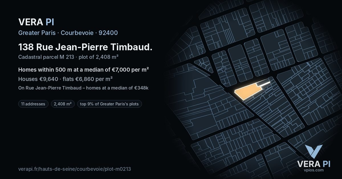 138 Rue Jean-Pierre Timbaud, Courbevoie at night – the plot lit, the parcels around coloured by the prices near them