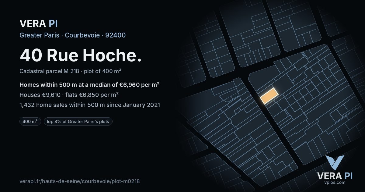 40 Rue Hoche, Courbevoie at night – the plot lit, the parcels around coloured by the prices near them
