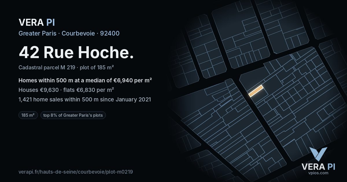 42 Rue Hoche, Courbevoie at night – the plot lit, the parcels around coloured by the prices near them