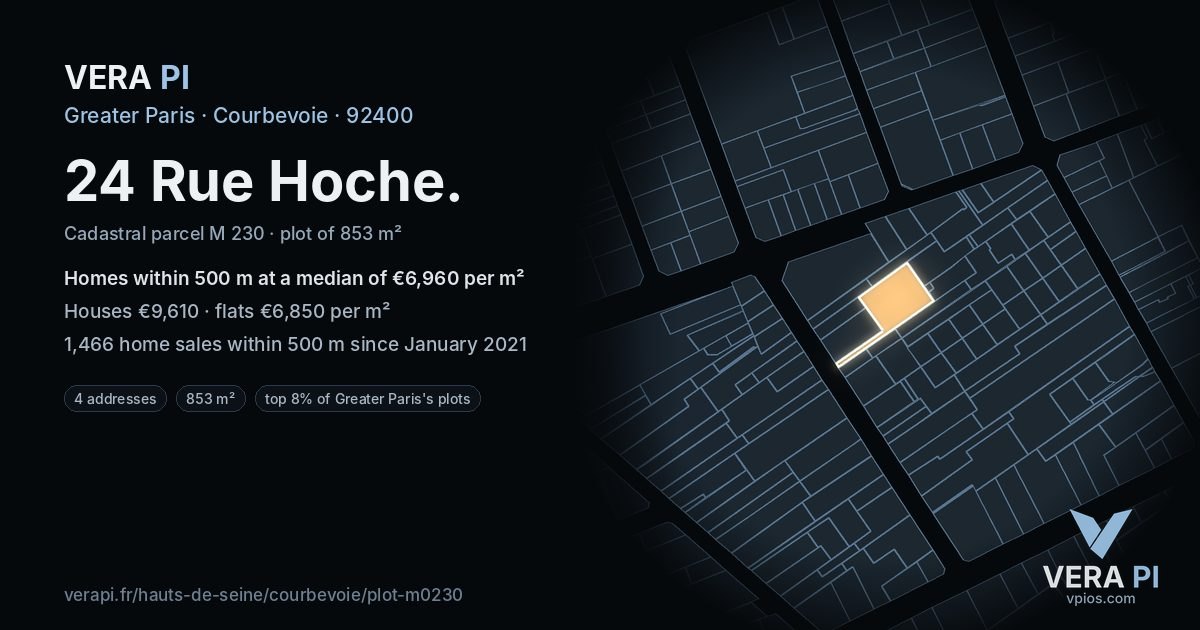 24 Rue Hoche, Courbevoie at night – the plot lit, the parcels around coloured by the prices near them