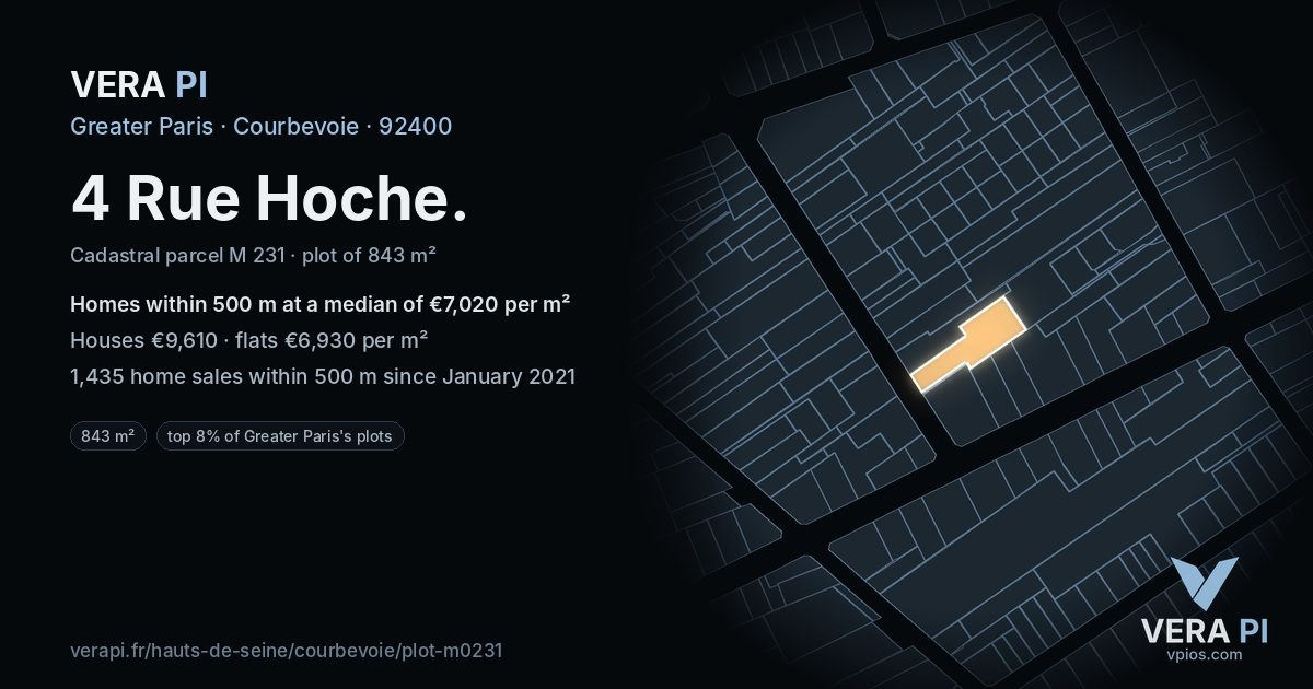 4 Rue Hoche, Courbevoie at night – the plot lit, the parcels around coloured by the prices near them