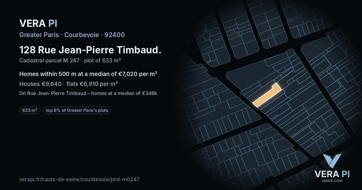 128 Rue Jean-Pierre Timbaud, Courbevoie at night – the plot lit, the parcels around coloured by the prices near them