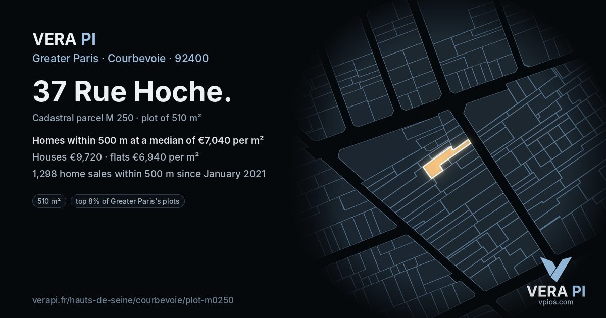 37 Rue Hoche, Courbevoie at night – the plot lit, the parcels around coloured by the prices near them