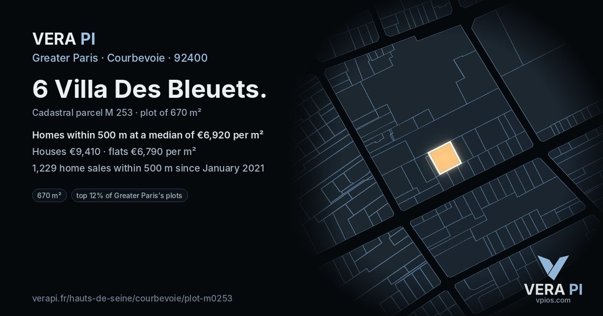 6 Villa Des Bleuets, Courbevoie at night – the plot lit, the parcels around coloured by the prices near them