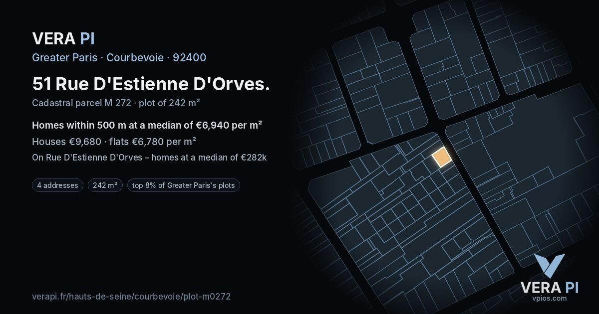 51 Rue D'Estienne D'Orves, Courbevoie at night – the plot lit, the parcels around coloured by the prices near them