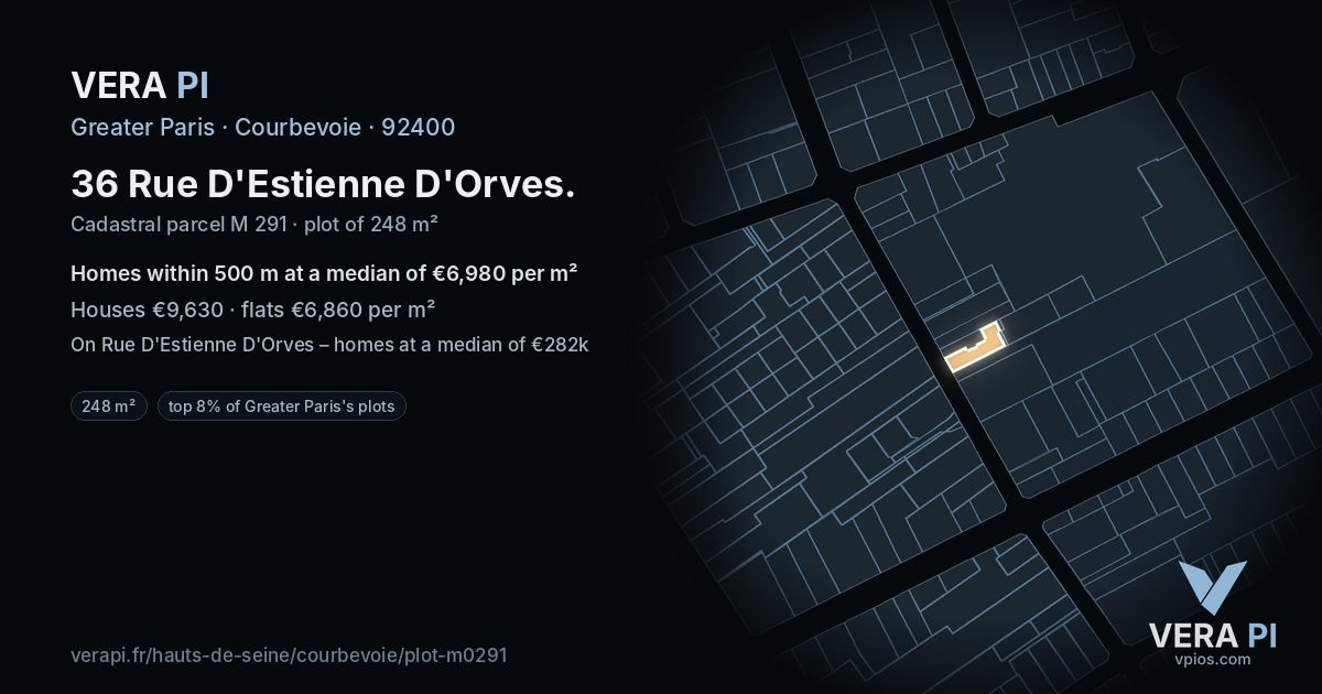 36 Rue D'Estienne D'Orves, Courbevoie at night – the plot lit, the parcels around coloured by the prices near them