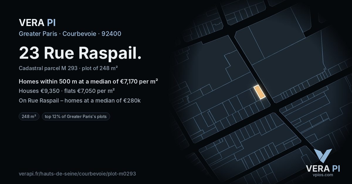 23 Rue Raspail, Courbevoie at night – the plot lit, the parcels around coloured by the prices near them