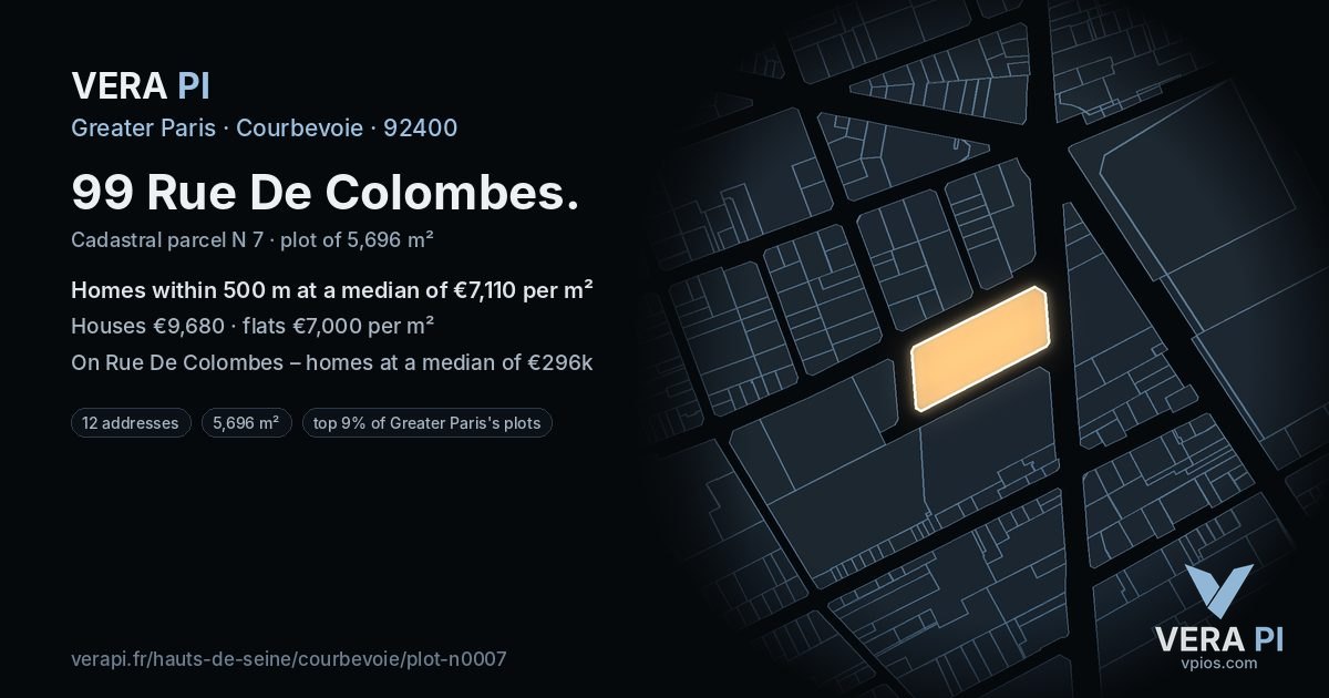 99 Rue De Colombes, Courbevoie at night – the plot lit, the parcels around coloured by the prices near them
