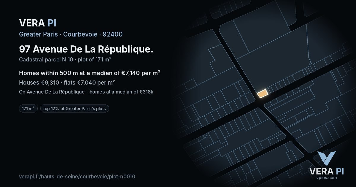 97 Avenue De La République, Courbevoie at night – the plot lit, the parcels around coloured by the prices near them