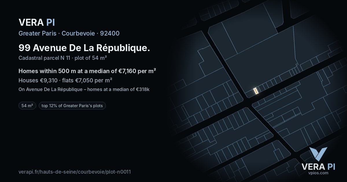 99 Avenue De La République, Courbevoie at night – the plot lit, the parcels around coloured by the prices near them