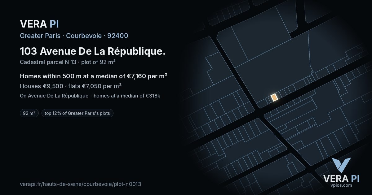 103 Avenue De La République, Courbevoie at night – the plot lit, the parcels around coloured by the prices near them