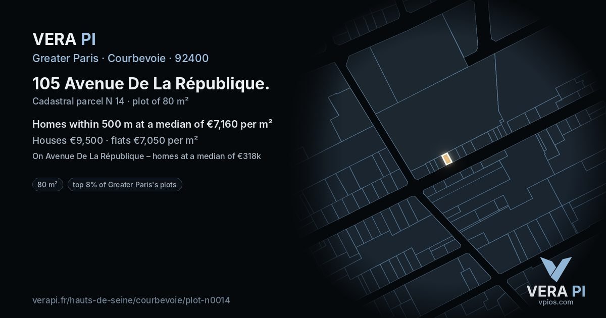 105 Avenue De La République, Courbevoie at night – the plot lit, the parcels around coloured by the prices near them