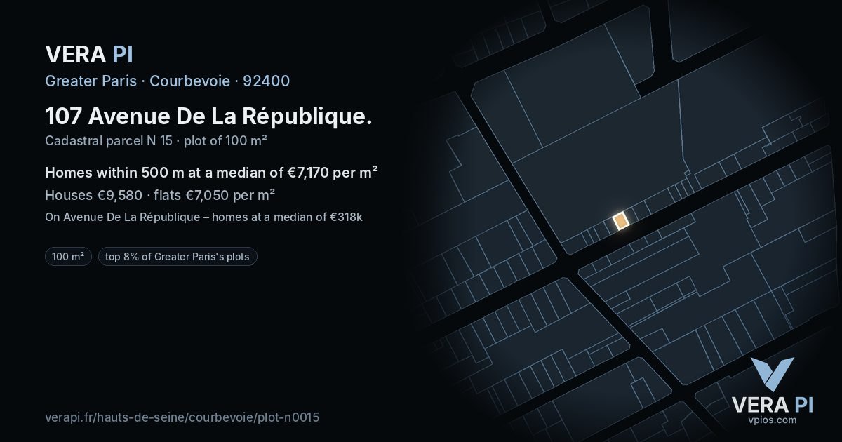 107 Avenue De La République, Courbevoie at night – the plot lit, the parcels around coloured by the prices near them