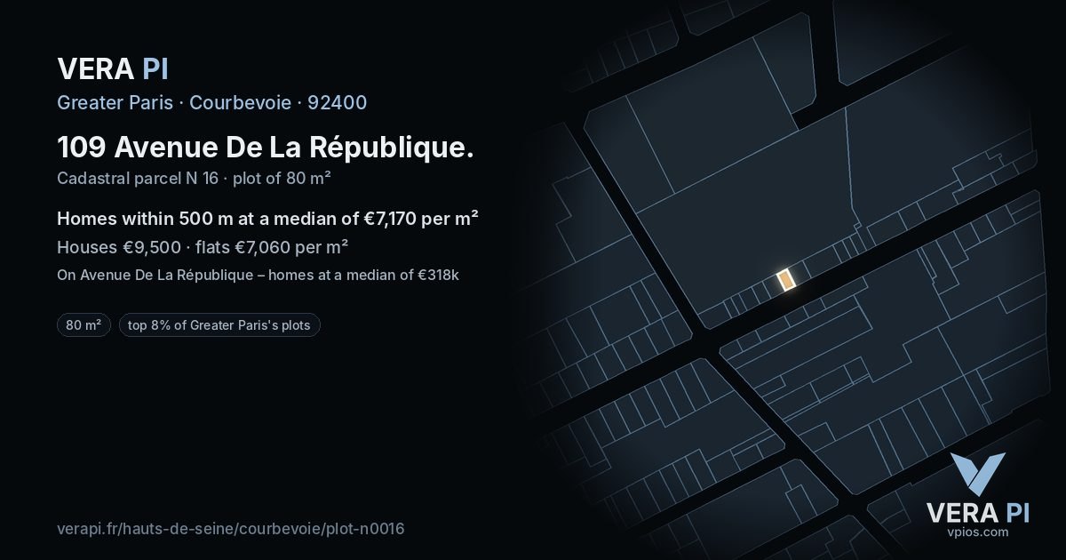 109 Avenue De La République, Courbevoie at night – the plot lit, the parcels around coloured by the prices near them