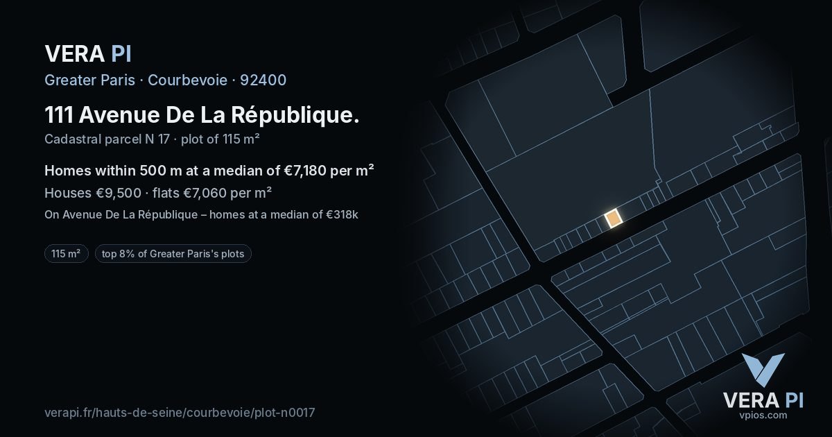 111 Avenue De La République, Courbevoie at night – the plot lit, the parcels around coloured by the prices near them