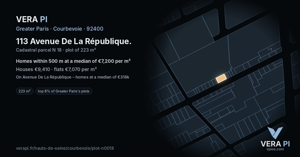 113 Avenue De La République, Courbevoie at night – the plot lit, the parcels around coloured by the prices near them