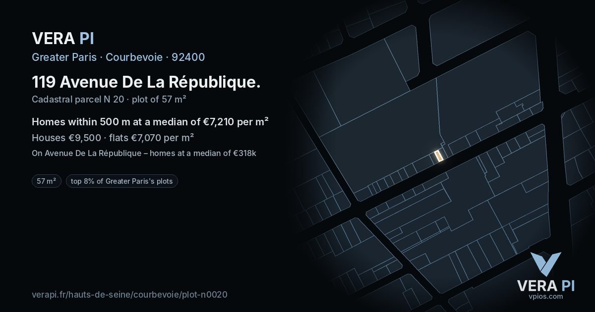 119 Avenue De La République, Courbevoie at night – the plot lit, the parcels around coloured by the prices near them