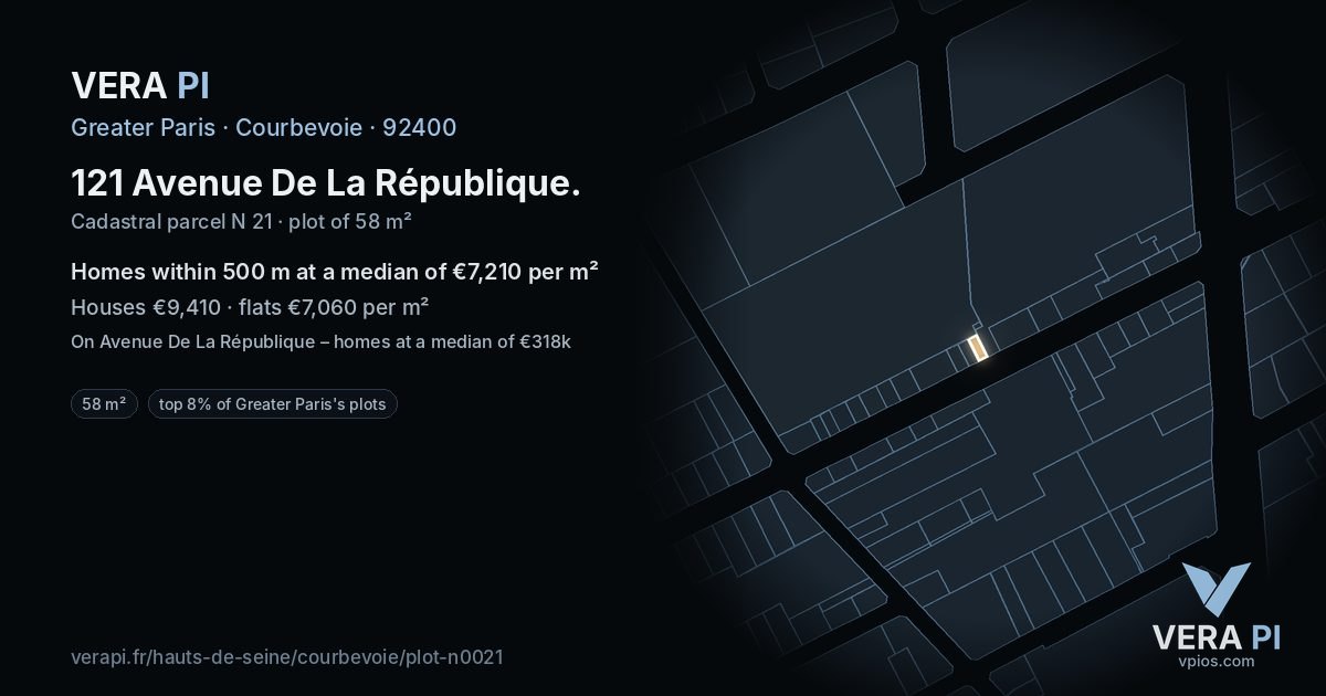 121 Avenue De La République, Courbevoie at night – the plot lit, the parcels around coloured by the prices near them