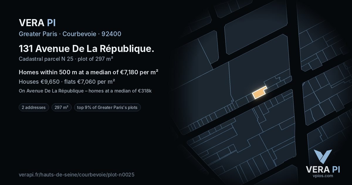 131 Avenue De La République, Courbevoie at night – the plot lit, the parcels around coloured by the prices near them