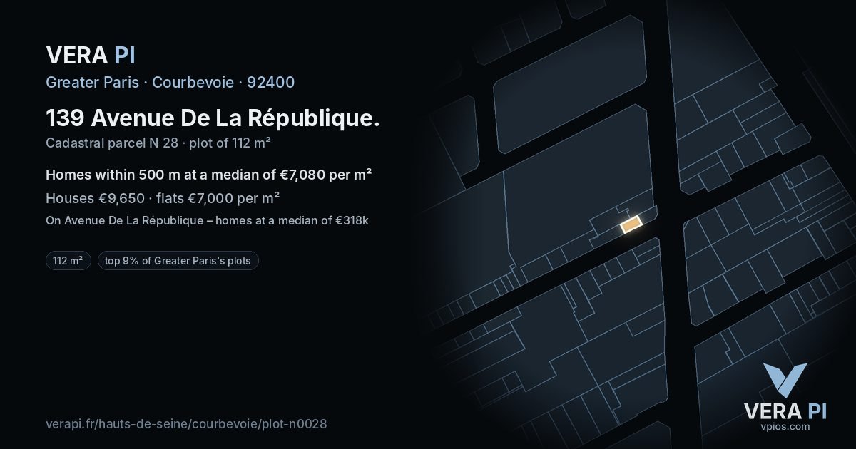 139 Avenue De La République, Courbevoie at night – the plot lit, the parcels around coloured by the prices near them