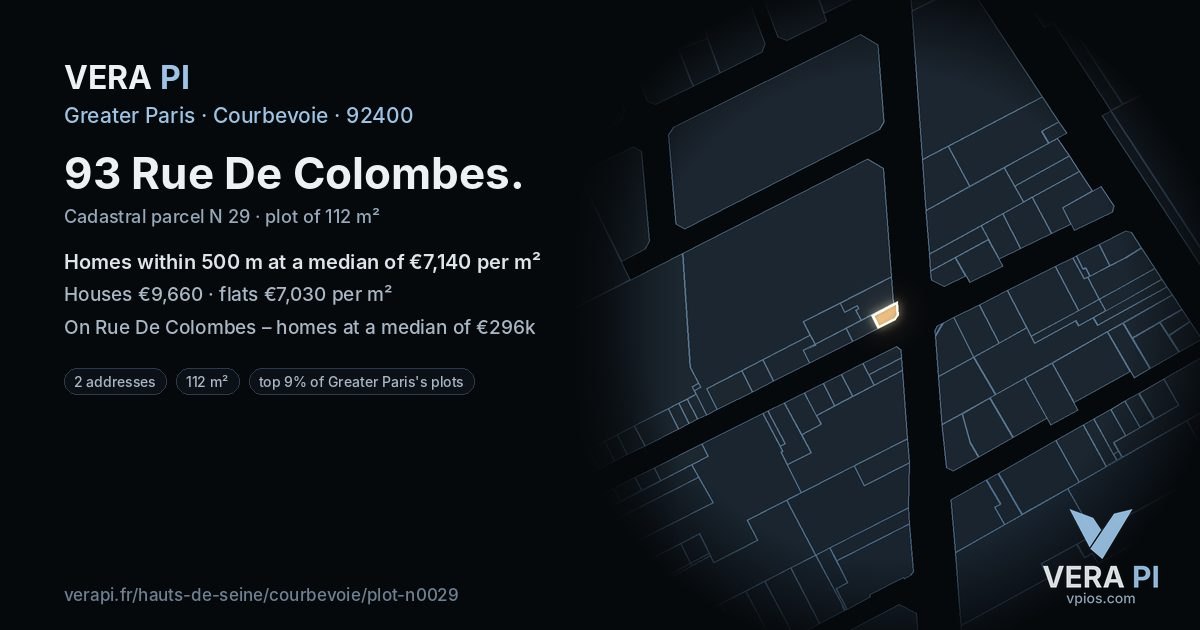 93 Rue De Colombes, Courbevoie at night – the plot lit, the parcels around coloured by the prices near them