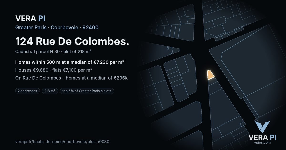 124 Rue De Colombes, Courbevoie at night – the plot lit, the parcels around coloured by the prices near them