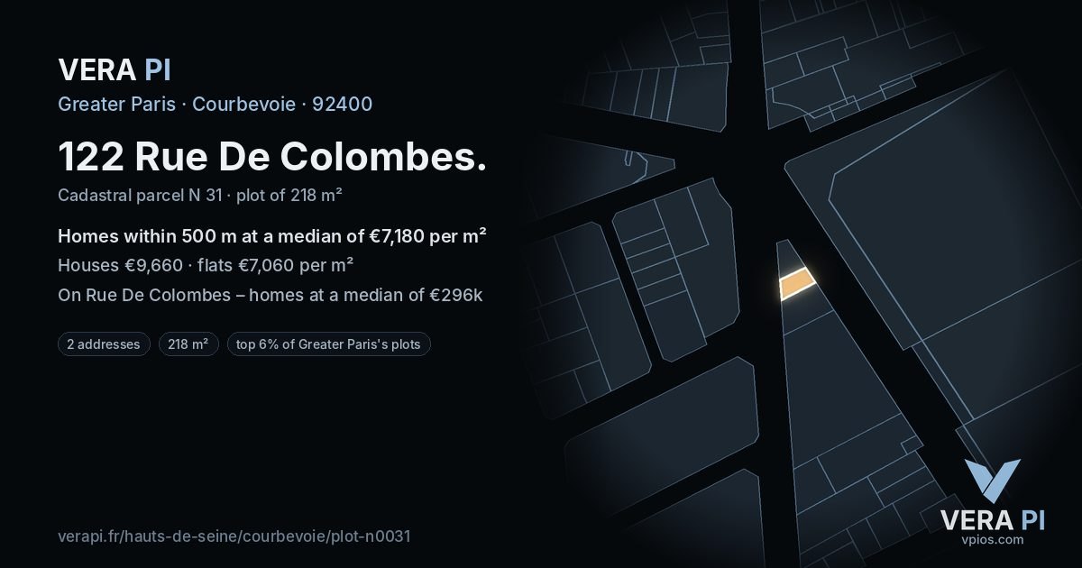 122 Rue De Colombes, Courbevoie at night – the plot lit, the parcels around coloured by the prices near them