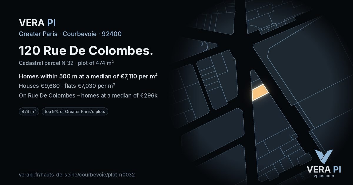 120 Rue De Colombes, Courbevoie at night – the plot lit, the parcels around coloured by the prices near them