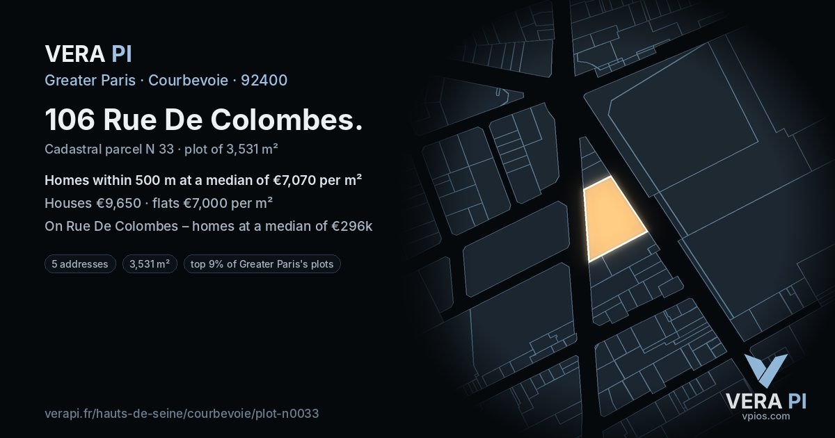 106 Rue De Colombes, Courbevoie at night – the plot lit, the parcels around coloured by the prices near them
