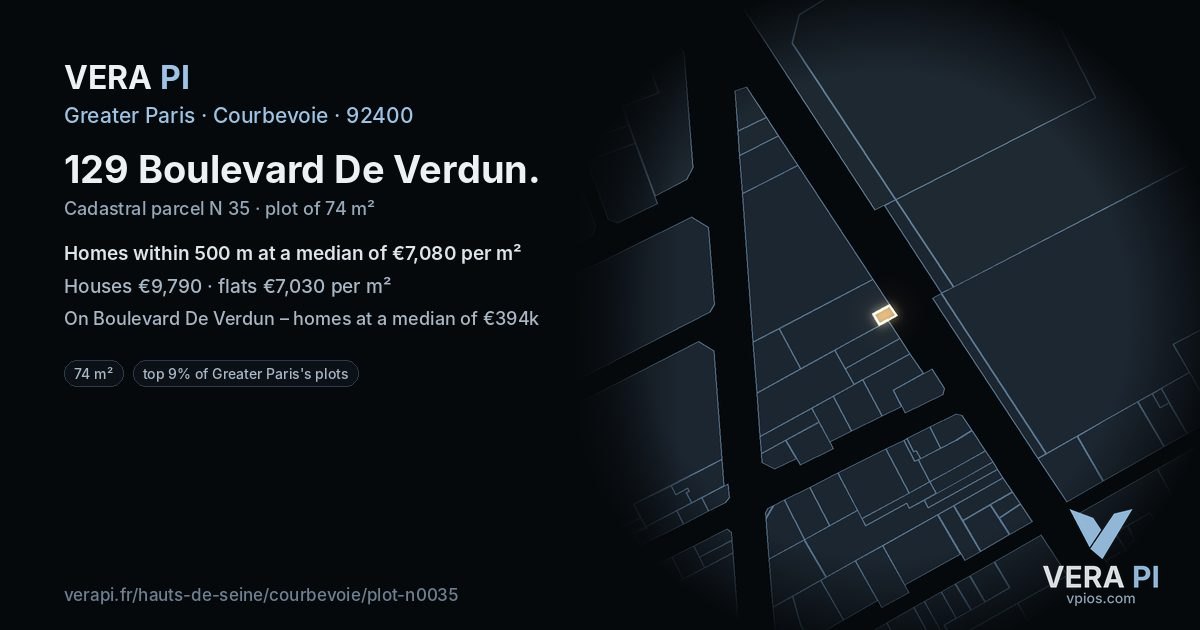 129 Boulevard De Verdun, Courbevoie at night – the plot lit, the parcels around coloured by the prices near them