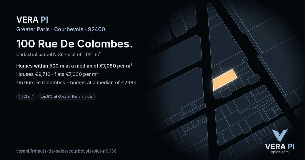 100 Rue De Colombes, Courbevoie at night – the plot lit, the parcels around coloured by the prices near them