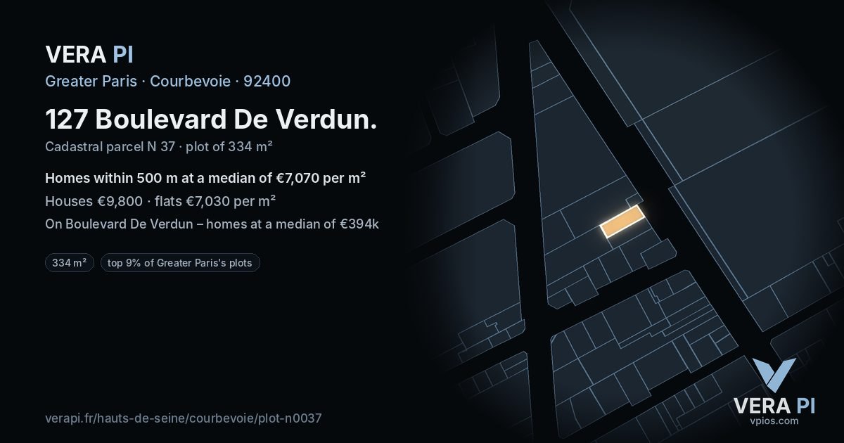 127 Boulevard De Verdun, Courbevoie at night – the plot lit, the parcels around coloured by the prices near them