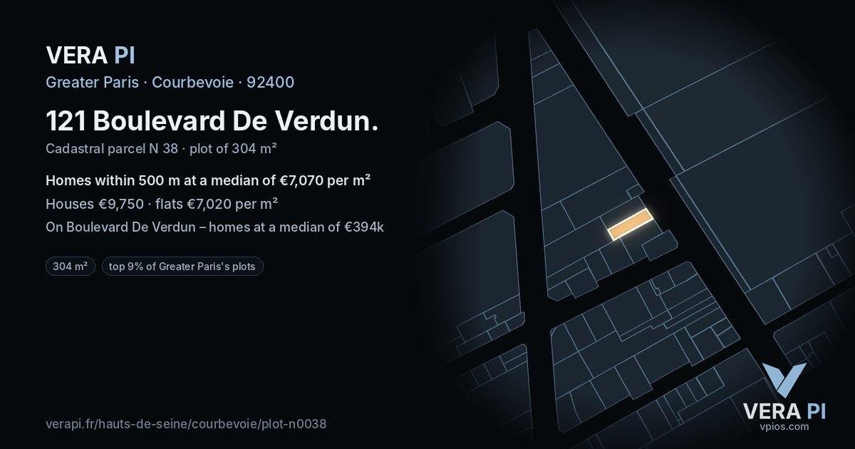 121 Boulevard De Verdun, Courbevoie at night – the plot lit, the parcels around coloured by the prices near them