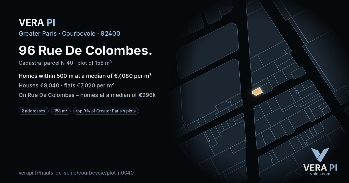 96 Rue De Colombes, Courbevoie at night – the plot lit, the parcels around coloured by the prices near them