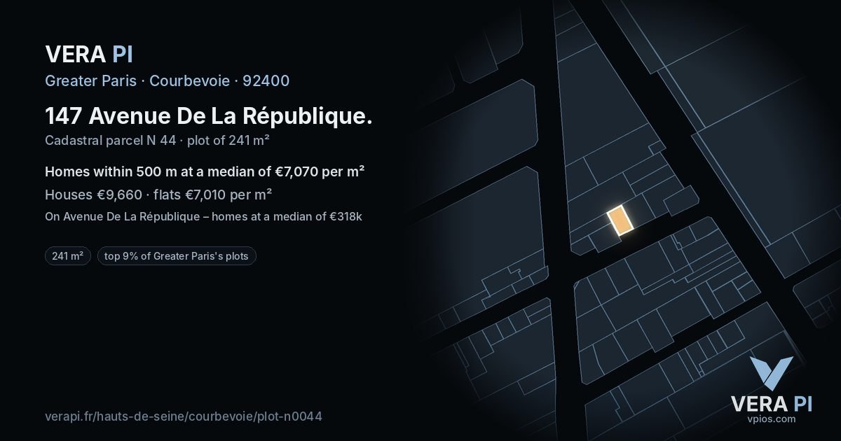 147 Avenue De La République, Courbevoie at night – the plot lit, the parcels around coloured by the prices near them