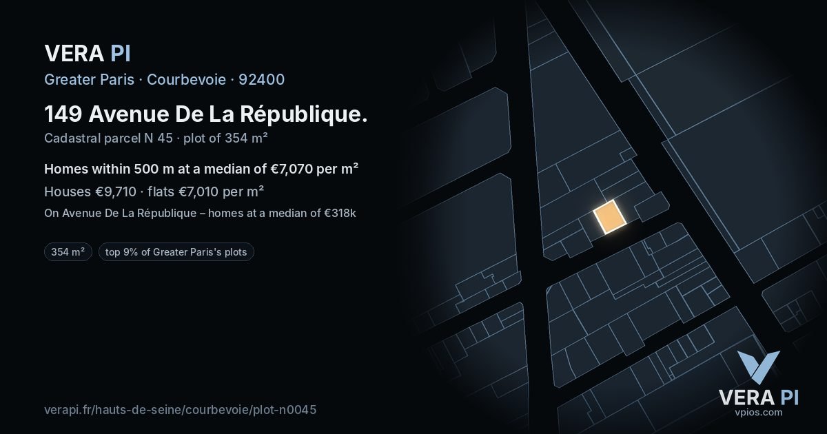149 Avenue De La République, Courbevoie at night – the plot lit, the parcels around coloured by the prices near them
