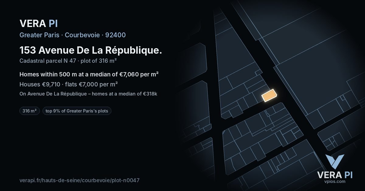 153 Avenue De La République, Courbevoie at night – the plot lit, the parcels around coloured by the prices near them