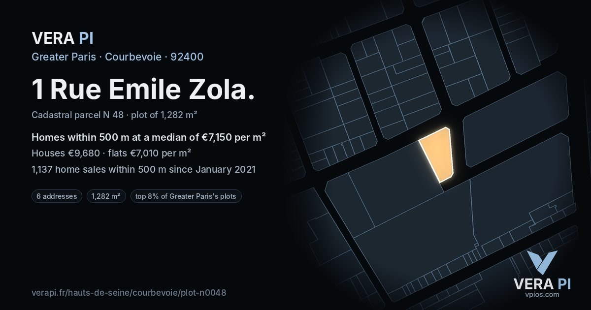 1 Rue Emile Zola, Courbevoie at night – the plot lit, the parcels around coloured by the prices near them