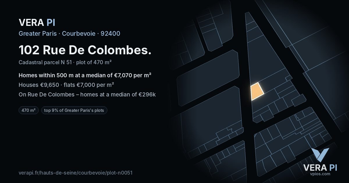 102 Rue De Colombes, Courbevoie at night – the plot lit, the parcels around coloured by the prices near them