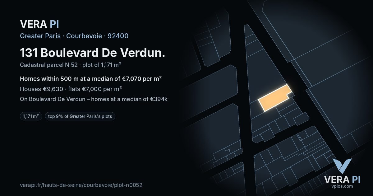 131 Boulevard De Verdun, Courbevoie at night – the plot lit, the parcels around coloured by the prices near them