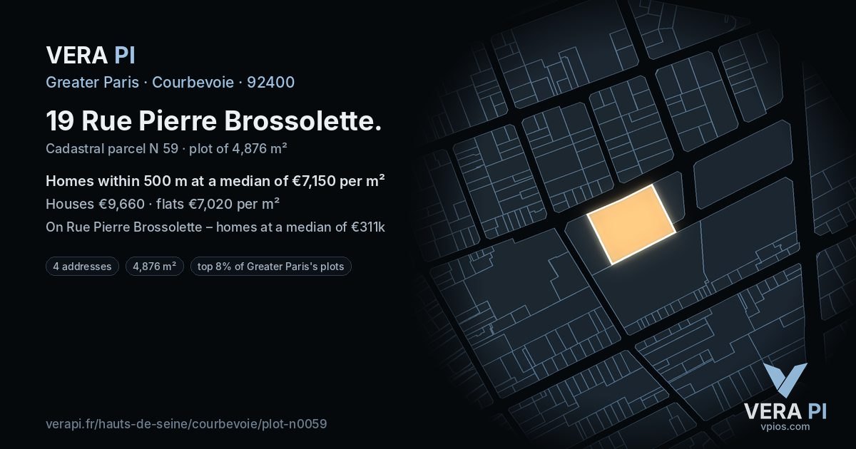 19 Rue Pierre Brossolette, Courbevoie at night – the plot lit, the parcels around coloured by the prices near them