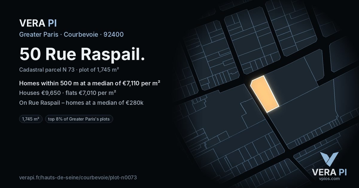 50 Rue Raspail, Courbevoie at night – the plot lit, the parcels around coloured by the prices near them